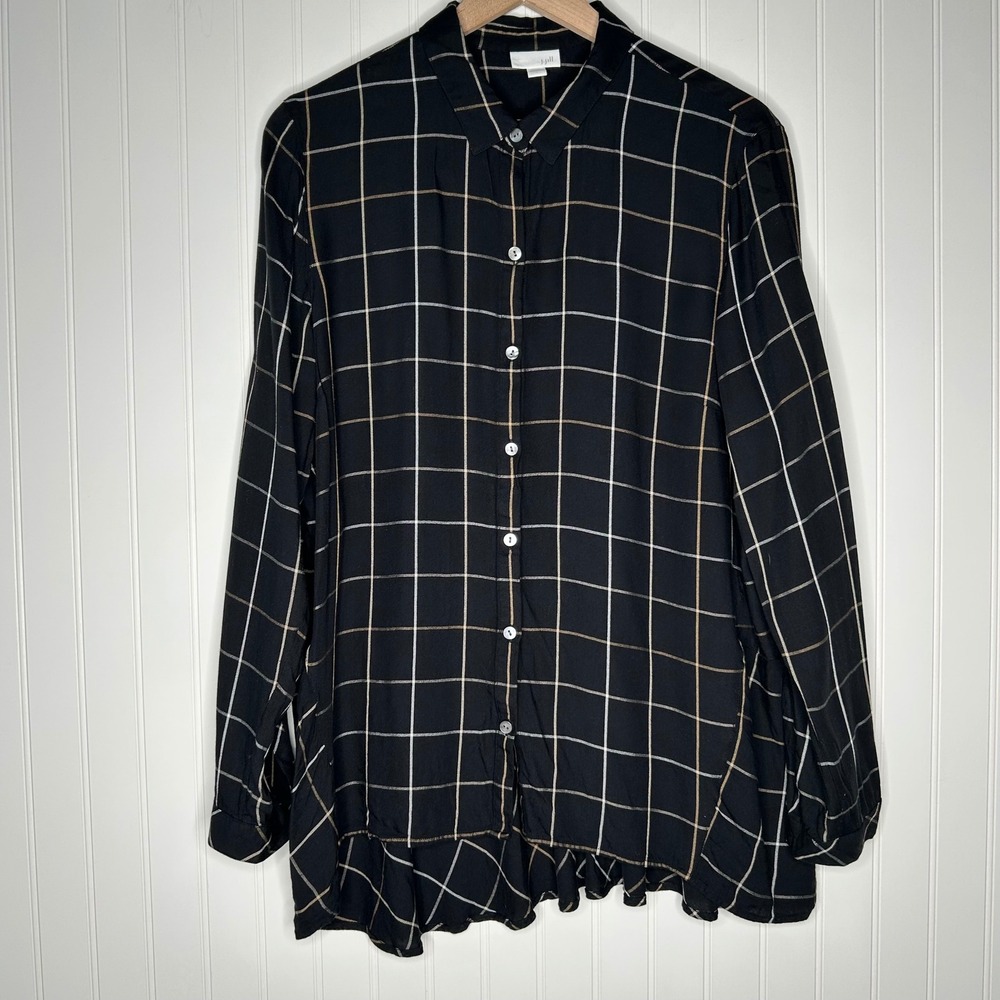 J. Jill Womens Tunic Top L Black Tan Windowpane Plaid Ruffle Back Button Down